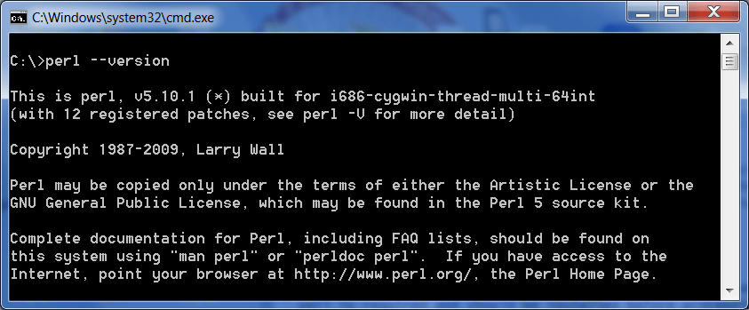 screenshot: perl --version output